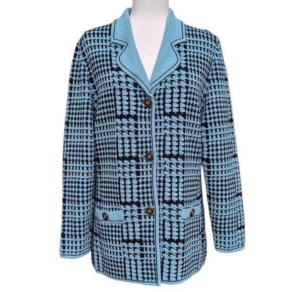 Belmonde Blue Navy Houndstooth Blazer Sweater Button Up Pockets Wool Size 12 Vtg - Picture 1 of 9